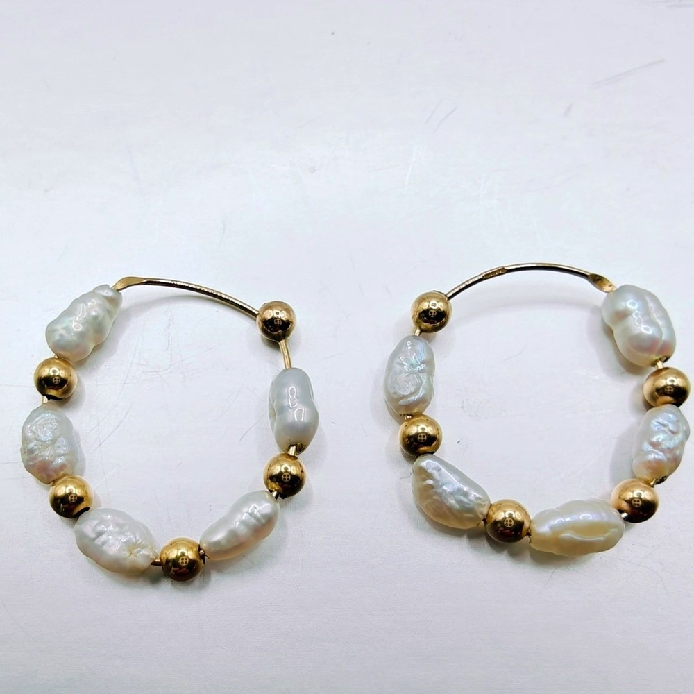 14k Yellow Gold Biwa Pearl Hoop Earrings 1.25" Organic Bead Hoop